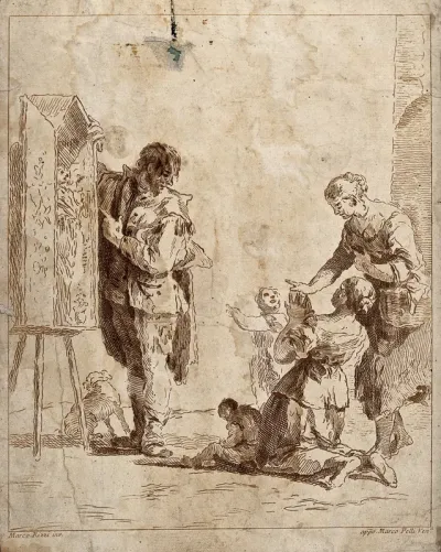 Women and children in adoration before a sculpture which is shown to them on the street