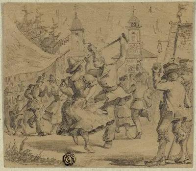Women and Soldiers Dancing in Village Square