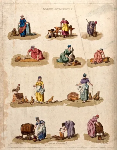 Women are employed performing a variety of domestic tasks