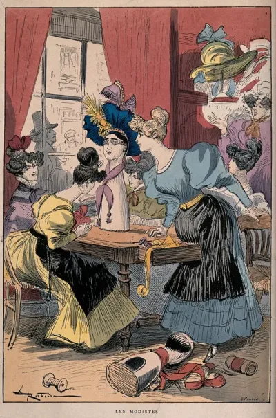 Women are gathered in a milliner's shop looking at the hats for sale, a dummy is on the table wearing a large elaborate hat