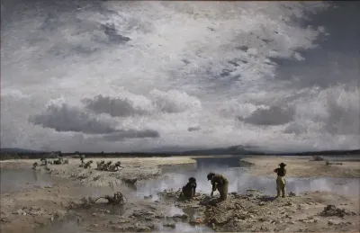 Women collecting limestone from the bed of the Isar near Tölz