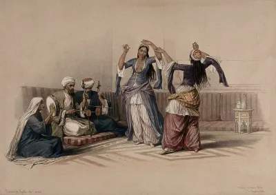 Women dancing to musical accompaniment, Cairo, Egypt