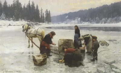 Women doing laundry through a hole in the ice.