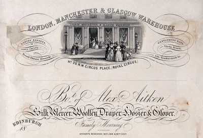 Women enter a large haberdashery shop, some gather outside
