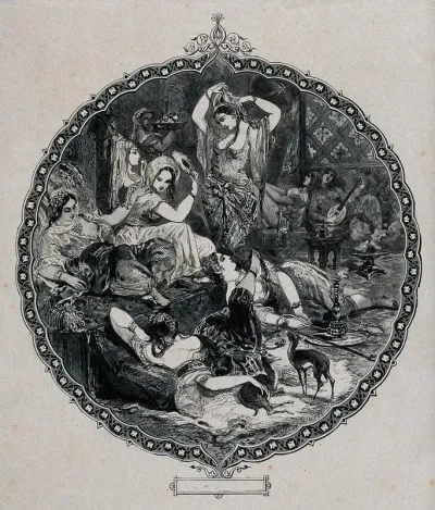 Women in a harem, smoking the hooka, brushing their hair, and playing the lute