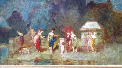 Women in a Park at the Edge of the Water with a Child and a Dog