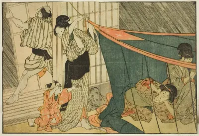 Women Inside a Mosquito Net During a Thunderstorm, from the illustrated book "Picture Book: Flowers of the Four Seasons (Ehon shiki no hana)," vol. 1