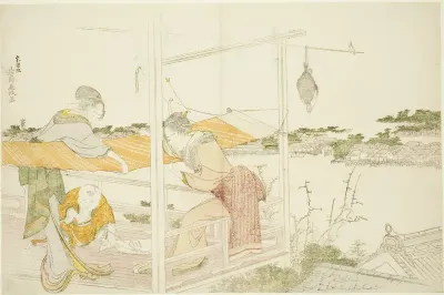 Women on a Veranda Stretching Cloth to Dry