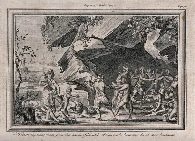 Women on an island in the Strait of Magellan resisting capture or death at the hands of Dutch pirates under Olivier van Noort, 1598