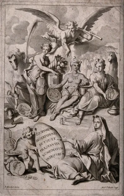 Women personifying the continents of Europe, Africa and Asia, are protected by Father Time, while a woman personifying antiquity points to the value of ancient coins