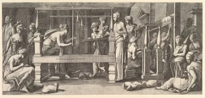 Women spinning, weaving and sewing