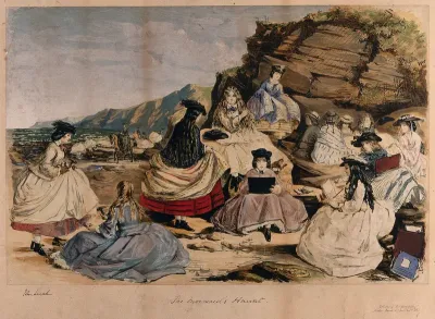 Women visiting a beach to enjoy geological collecting, study, sewing and other worthy activities
