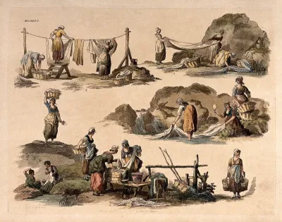 Women washing clothes, hanging it on lines, and folding sheets