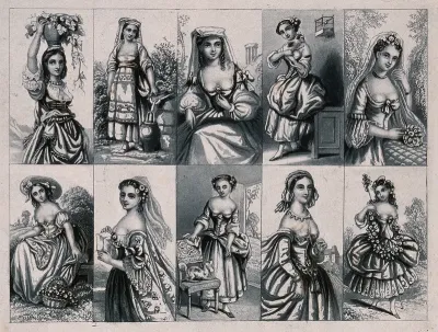 Women wearing costumes including Spanish or Italian; some are holding flowers and others have animals with them