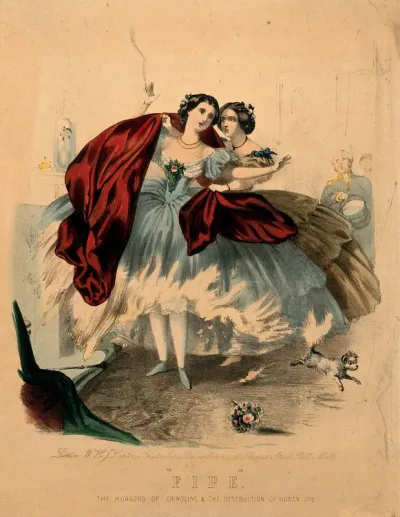 Women wearing crinolines which are set on fire by flames from a domestic fireplace