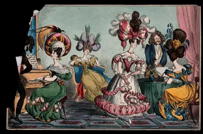 Women wearing enormous headwear amusing themselves by playing music, dancing and drawing