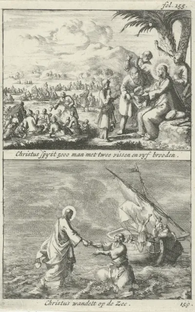 Wonderbaarlijke vermenigvuldiging van broden en vissen door Christus en Christus loopt over het water