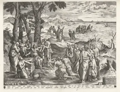 Wonderbare visvangst en maaltijd aan de oever van het meer van Galilea