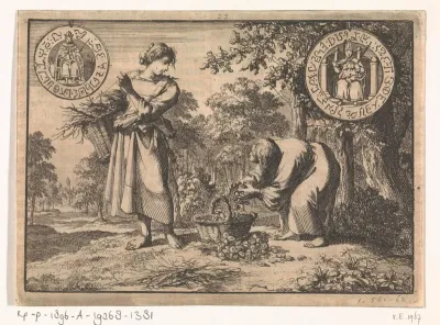 Wonderlijke verschijning van een oud mannetje aan een arm boerenmeisje, terwijl hij haar mand vult met zilveren munten, 1605