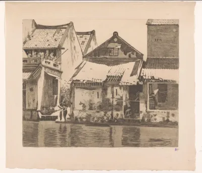 Woningen langs een rivier in Batavia met een vrouw die kleding wast