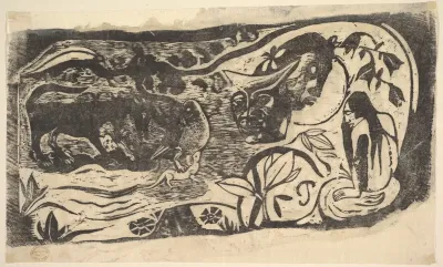 Woodcut with a Horned Head