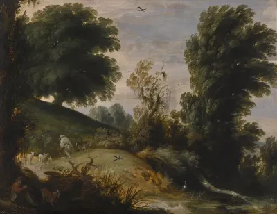 Wooded landscape with a shepherd tending his flock on a riverbank