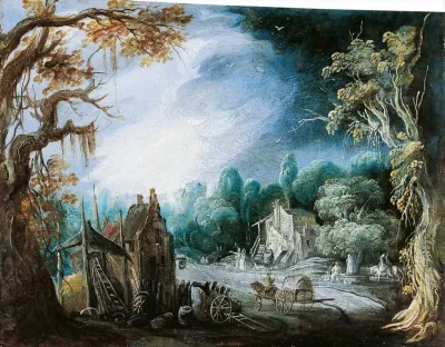 Wooded landscape with architecture and figures