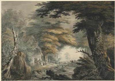 Wooded Landscape with Figures outside a Cottage