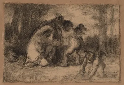 Wooded Landscape with Putti Helping a Woman Undress