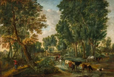 Wooded landscape with travelers and animals near a fording