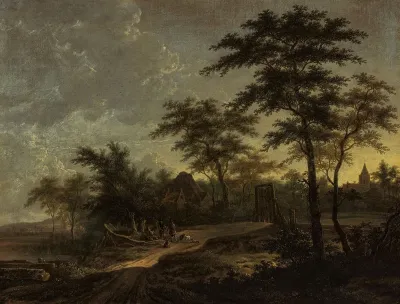 Wooded landscape with travellers on a country road, in the evening