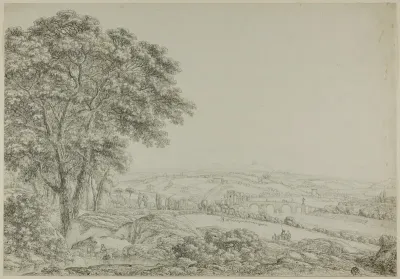 Wooded Pond with Bathing Figures, Vista of River Bridge, and Farms