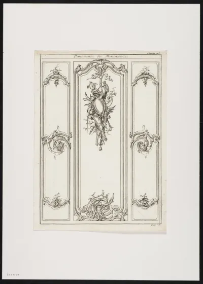Wooden panels for wall decoration, decorated with foliate scrolls and a trophy with cartouche, helmet, arms and a lion's head.