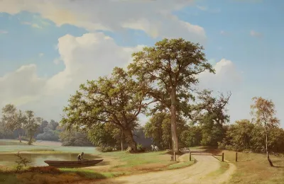 Woodlands with a rider and a man at a rowboat.