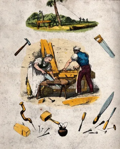 Woodwork: felling the tree, planing, sawing, and instruments