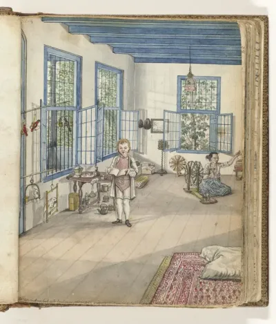 Woonkamer met zoon Jantje en Flora, een tot slaaf gemaakte vrouw, bij een spinnewiel