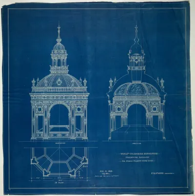 World's Columbian Exposition Cluett Coon & Co. Exhibition Pavilion, Chicago, Illinois, Plan, Elevation, and Section