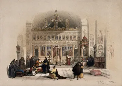 Worshippers in the chapel of the Greek monastery of St