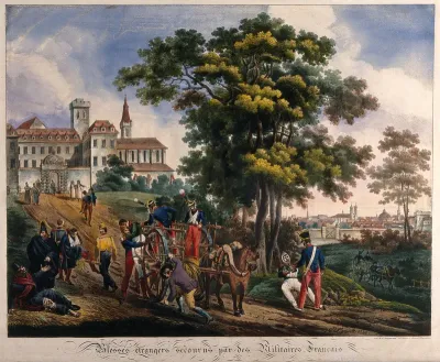 Wounded foreigners outside the city walls being picked up by French soldiers and taken to a guarded fortress