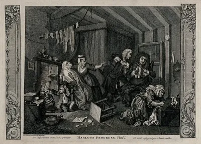 Wrapped in "sweating" blankets and close to the fire, Moll Hackabout nears death as the doctors argue over her illness
