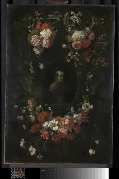 Wreath of flowers encircling a portrait of Hieronymus van Weert, martyr of Gorkum