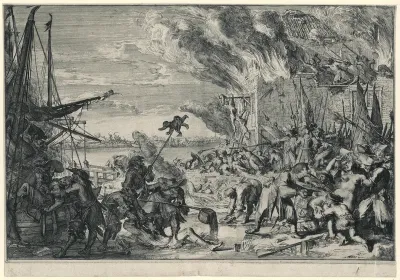 Wreedheden in een dorp aan het water, 1672