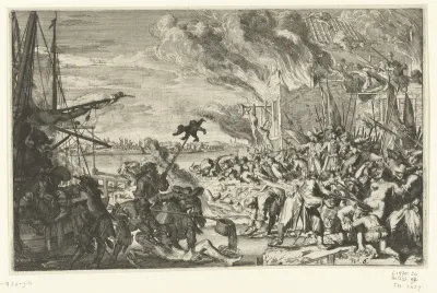 Wreedheden in een dorp aan het water, 1672