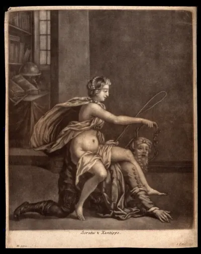 Xanthippe rides on the back of Socrates with a whip in her hand