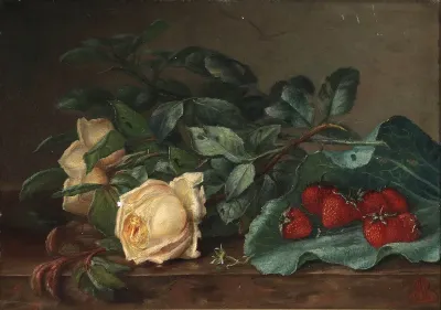 Yellow roses and strawberries on a table.
