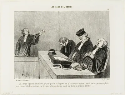 “Yes, they would plunder this orphan, whom I cannot necessarily describe as being young, since he is fifty-seven years ol...I am, reassured knowing that justice always keeps an open eye on all guilty maneuvers! . . . ,” plate 11 from Les Gens De Just