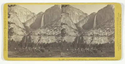 Yo-Semite Fall (2634 feet high), from near Hutchings', with excursion party, No. 1216 from the series "California -- Yo-Semite Valley"