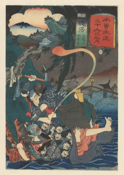 Yoemon killing Kasane near river