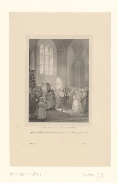 Yolenta van Cortericke voor de abt van de Sint-Pieterskerk te Gent
