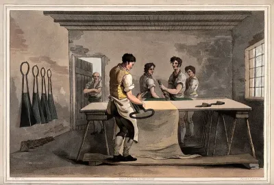 Yorkshire: four cloth-dressers (croppers) smoothing a sheet of wool